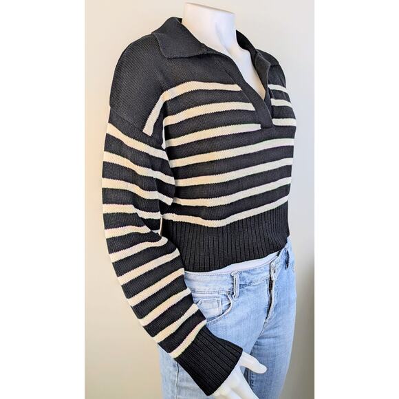 Olivaceous Ronald Black White Striped Deep V-Neck Collared Crop Sweater Medium - Picture 4 of 10